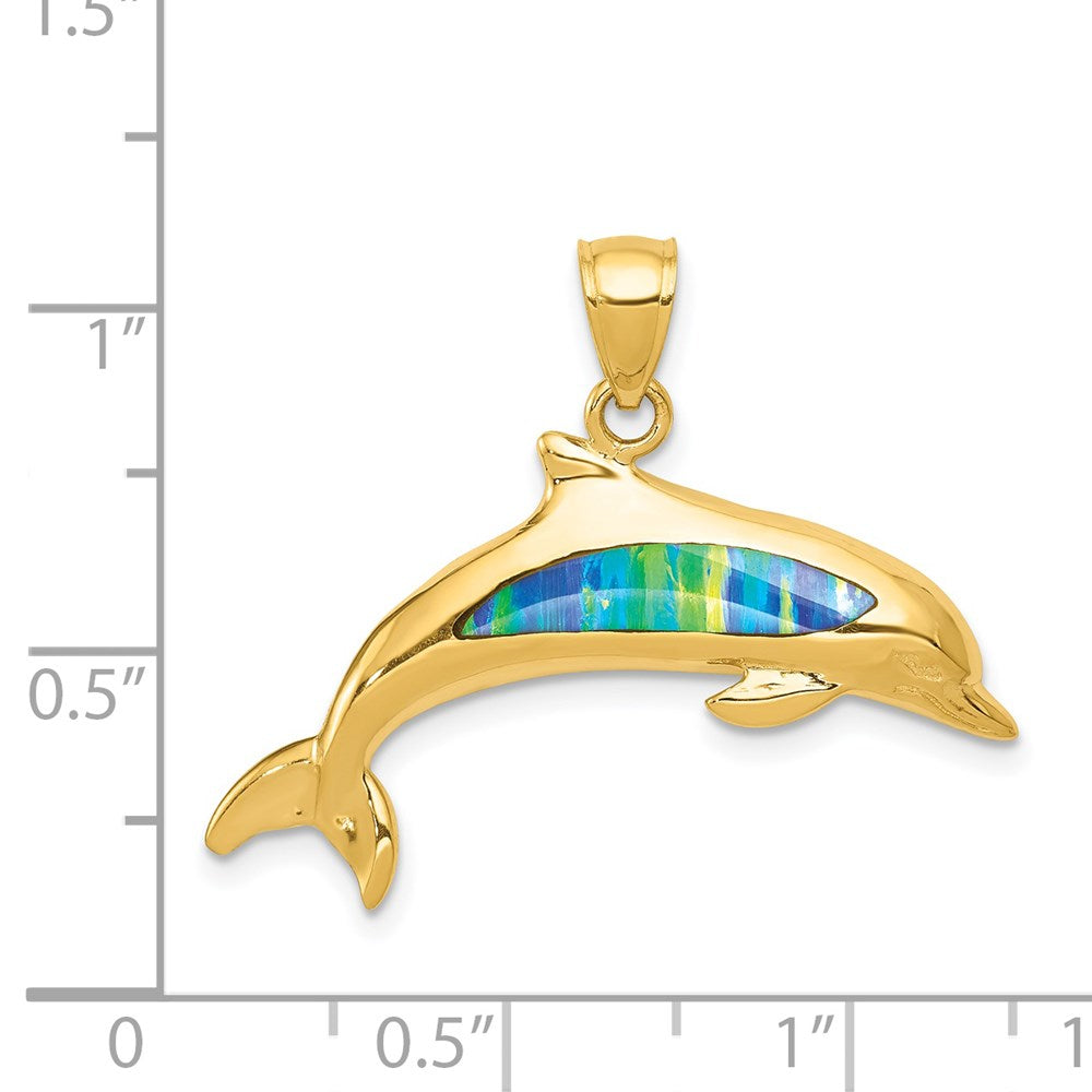 14K Gelbgold Delfin-Anhänger mit Laborgezüchtetem Opal
