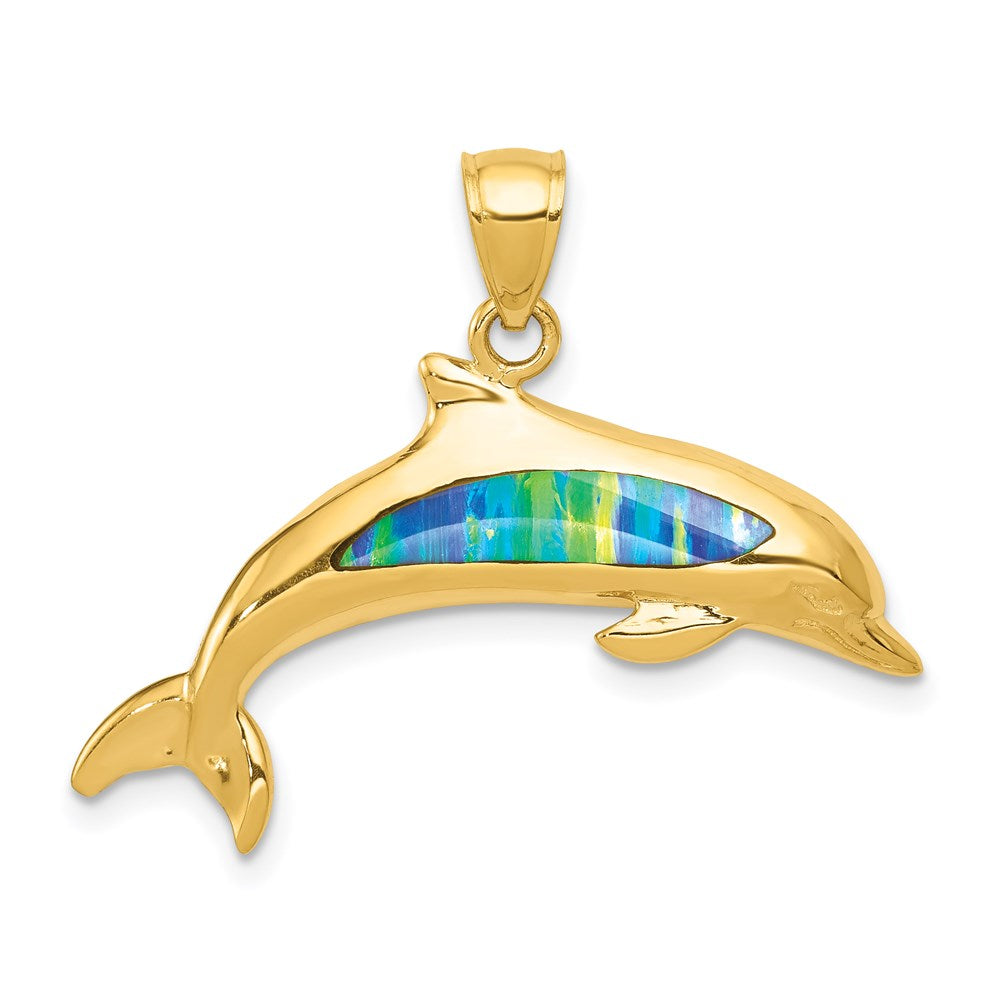 14K Gelbgold Delfin-Anhänger mit Laborgezüchtetem Opal