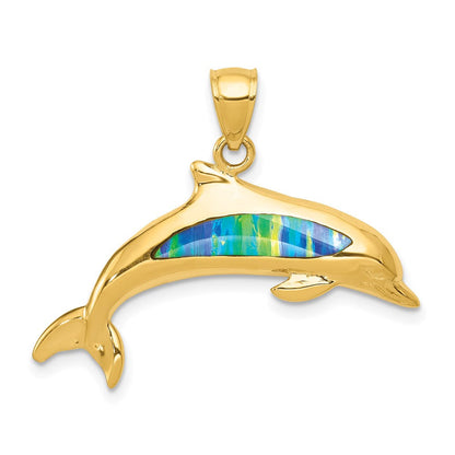 14K Gelbgold Delfin-Anhänger mit Laborgezüchtetem Opal