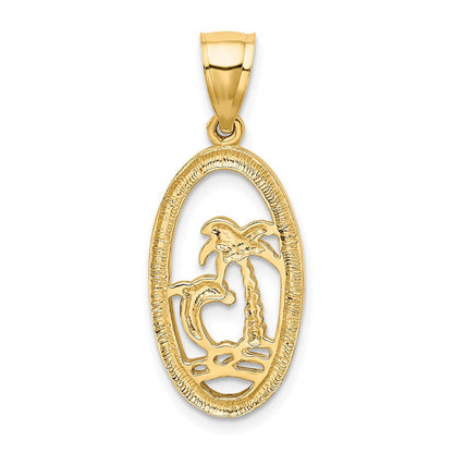 14K Gelbgold Delfin- und Palmenbaum-Anhänger