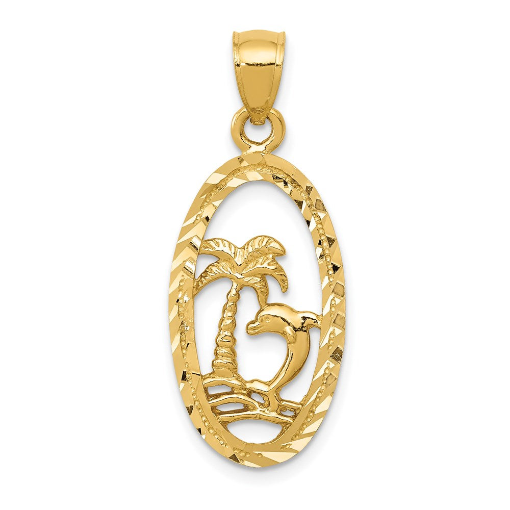 14K Gelbgold Delfin- und Palmenbaum-Anhänger