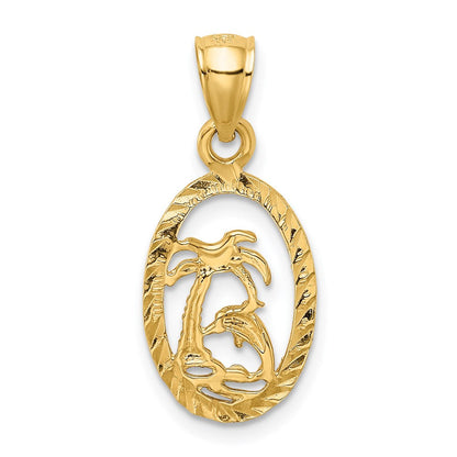 14K Gelbgold Delfin und Palme Baum Anhänger
