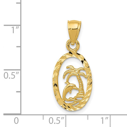 14K Gelbgold Delfin und Palme Baum Anhänger