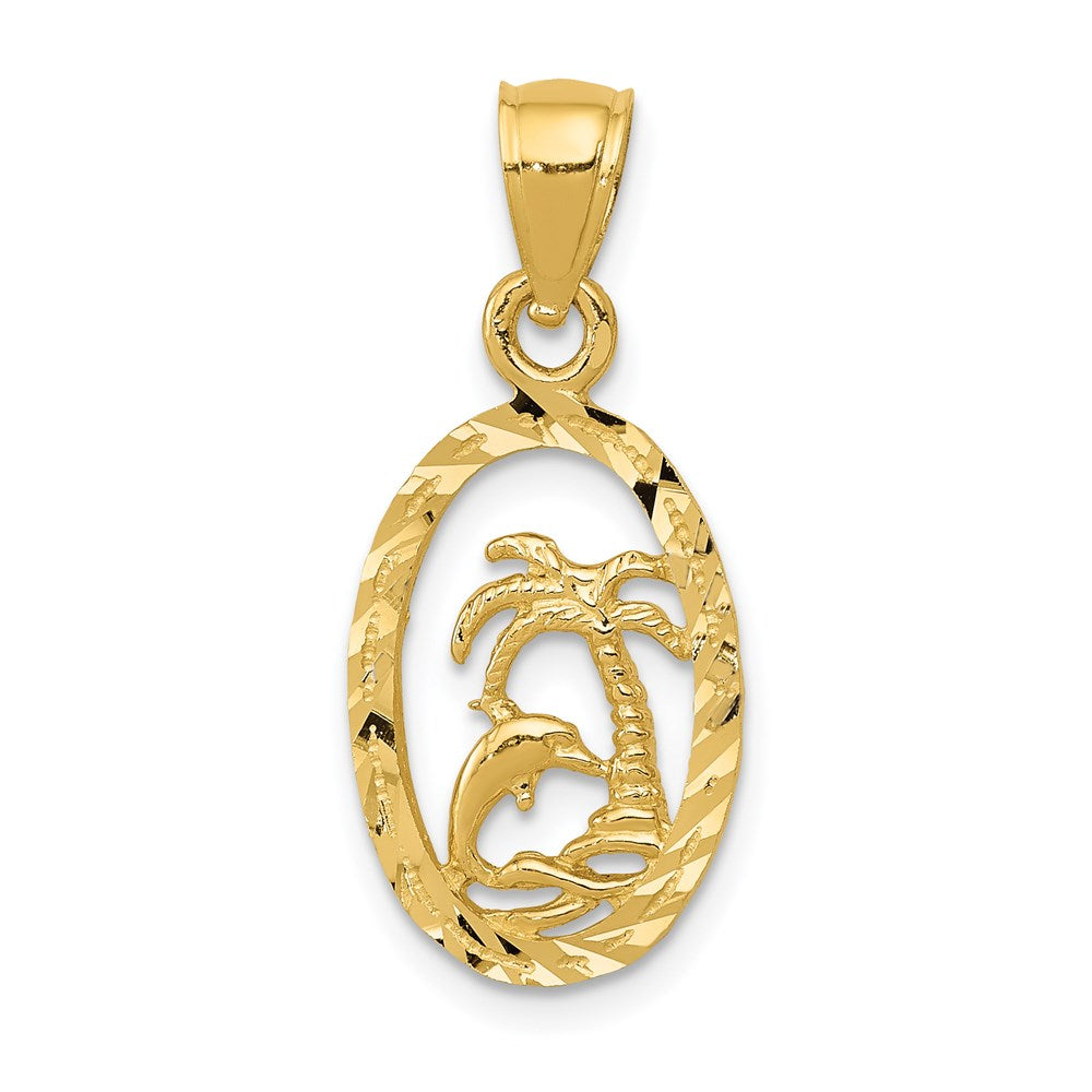 14K Gelbgold Delfin und Palme Baum Anhänger