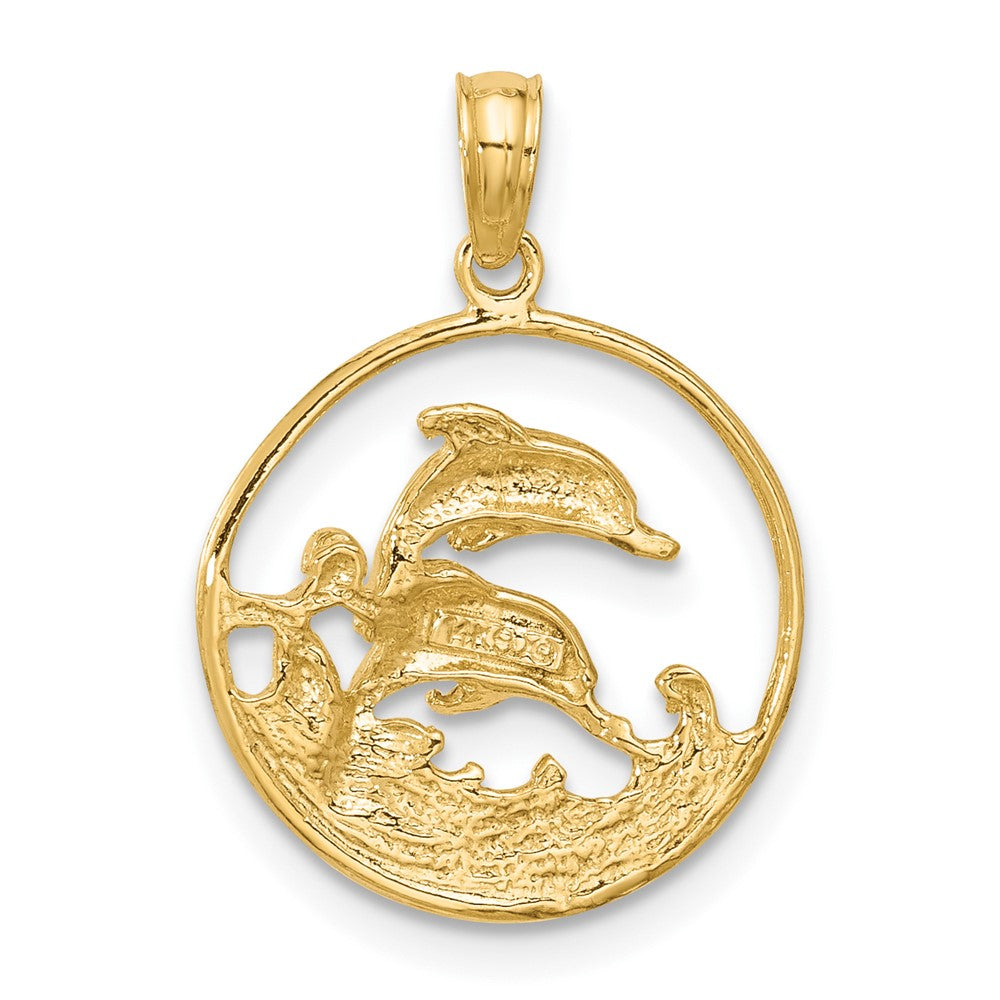 14K Gelbgold Doppelt Delfin Kreis Anhänger