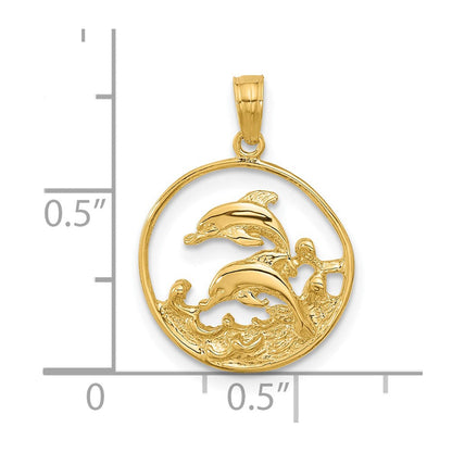 14K Gelbgold Doppelt Delfin Kreis Anhänger