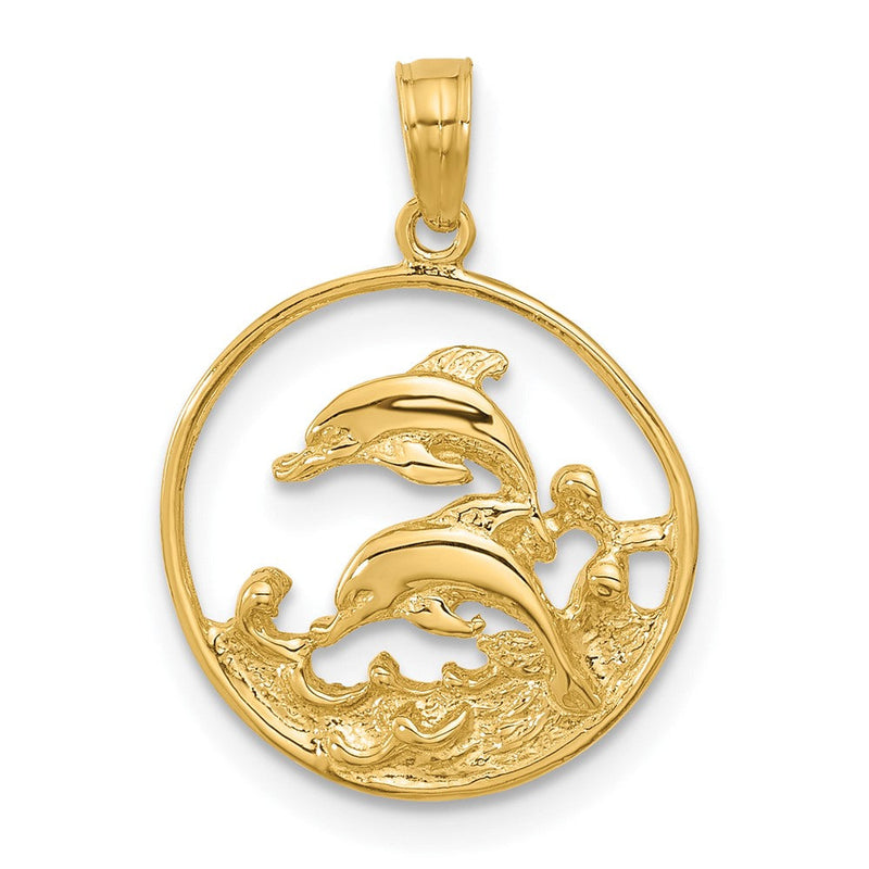 14K Gelbgold Doppelt Delfin Kreis Anhänger