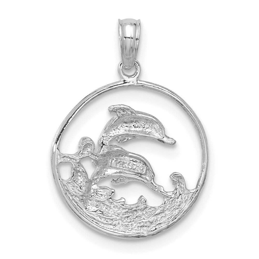14K Weißgold Doppelt Delfin Kreis Anhänger