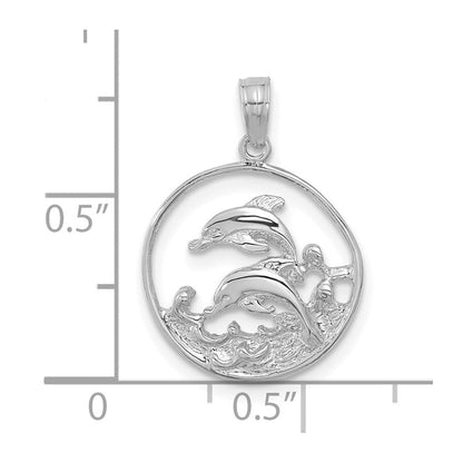 14K Weißgold Doppelt Delfin Kreis Anhänger