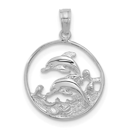 14K Weißgold Doppelt Delfin Kreis Anhänger