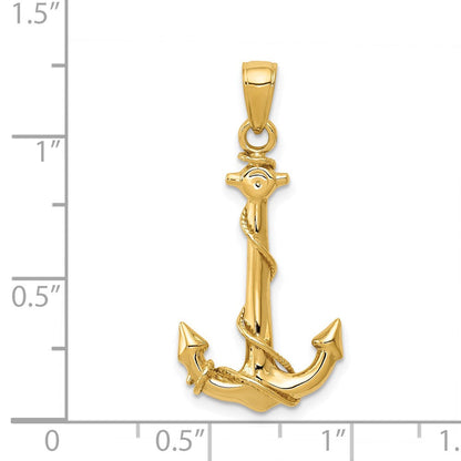 14K Gelbgold 3D-Anker-Anhänger mit Seil