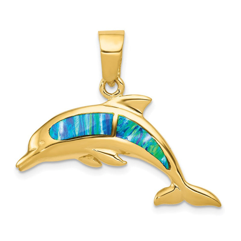 14K Gelbgold Delphin-Anhänger mit Labor-Opal