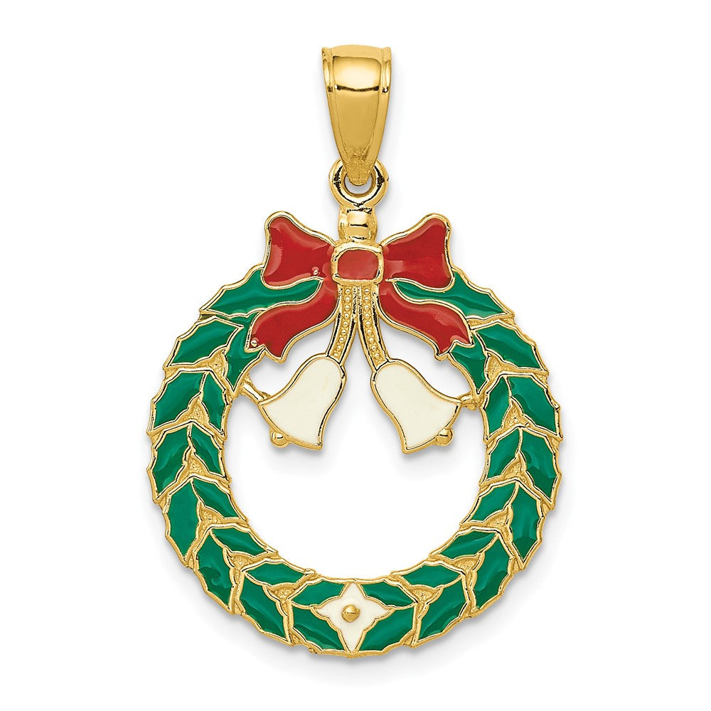 14K Gelbgold Emaillierter Weihnachtskranz-Anhänger