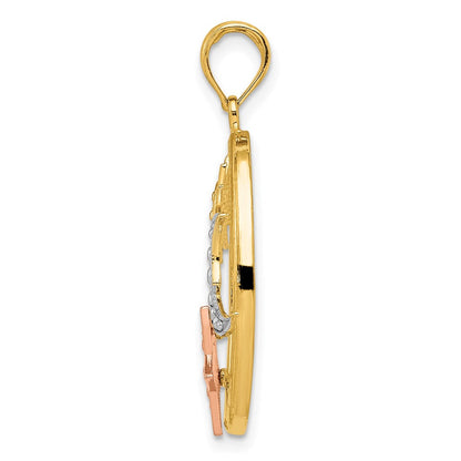 14K Bicolor-Gold mit Weißrhodium Sonne-Mond-und-Stern-Ovalanhänger