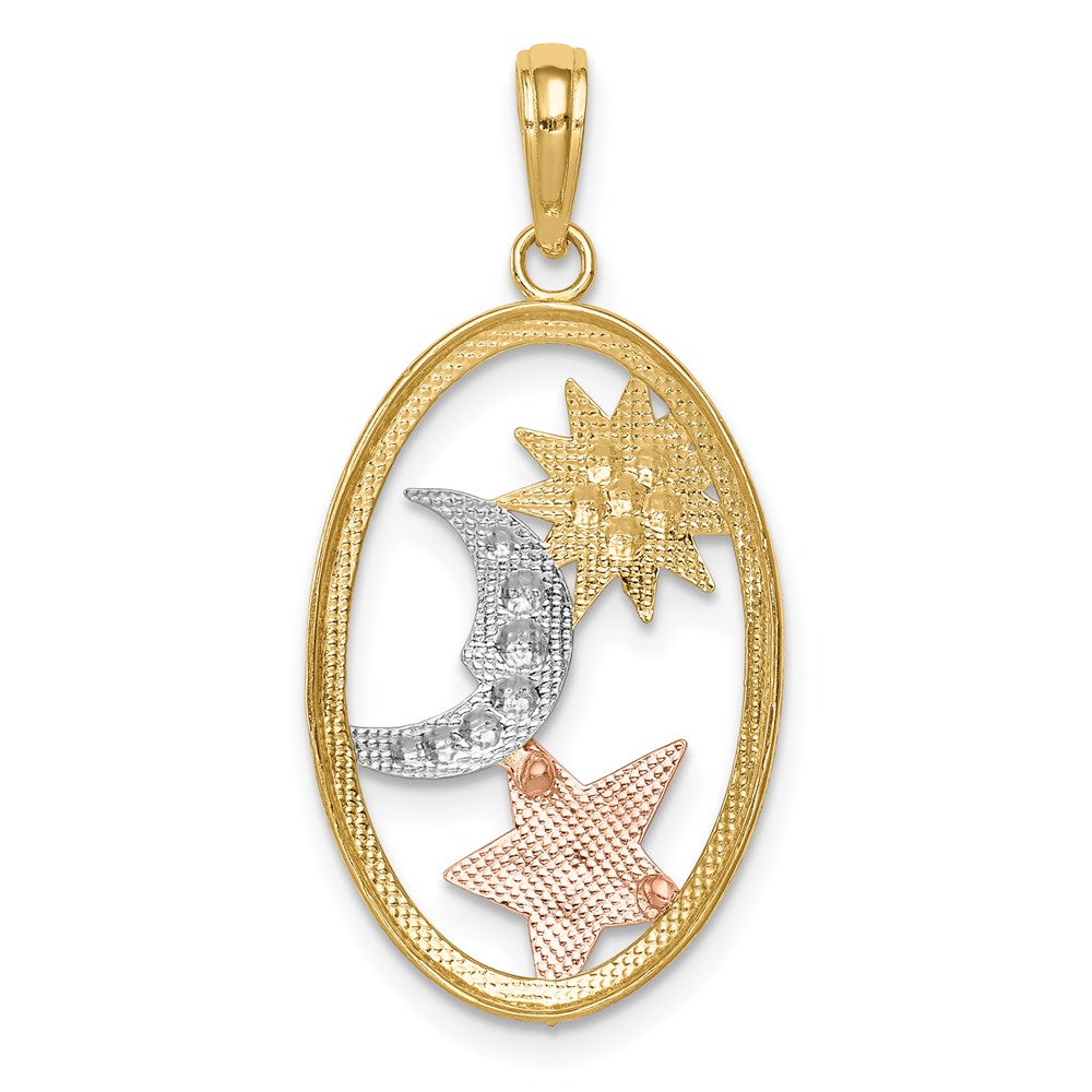 14K Bicolor-Gold mit Weißrhodium Sonne-Mond-und-Stern-Ovalanhänger