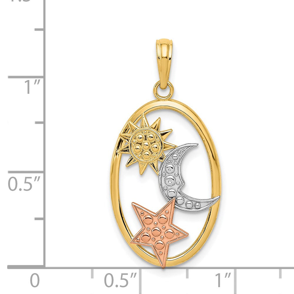 14K Bicolor-Gold mit Weißrhodium Sonne-Mond-und-Stern-Ovalanhänger