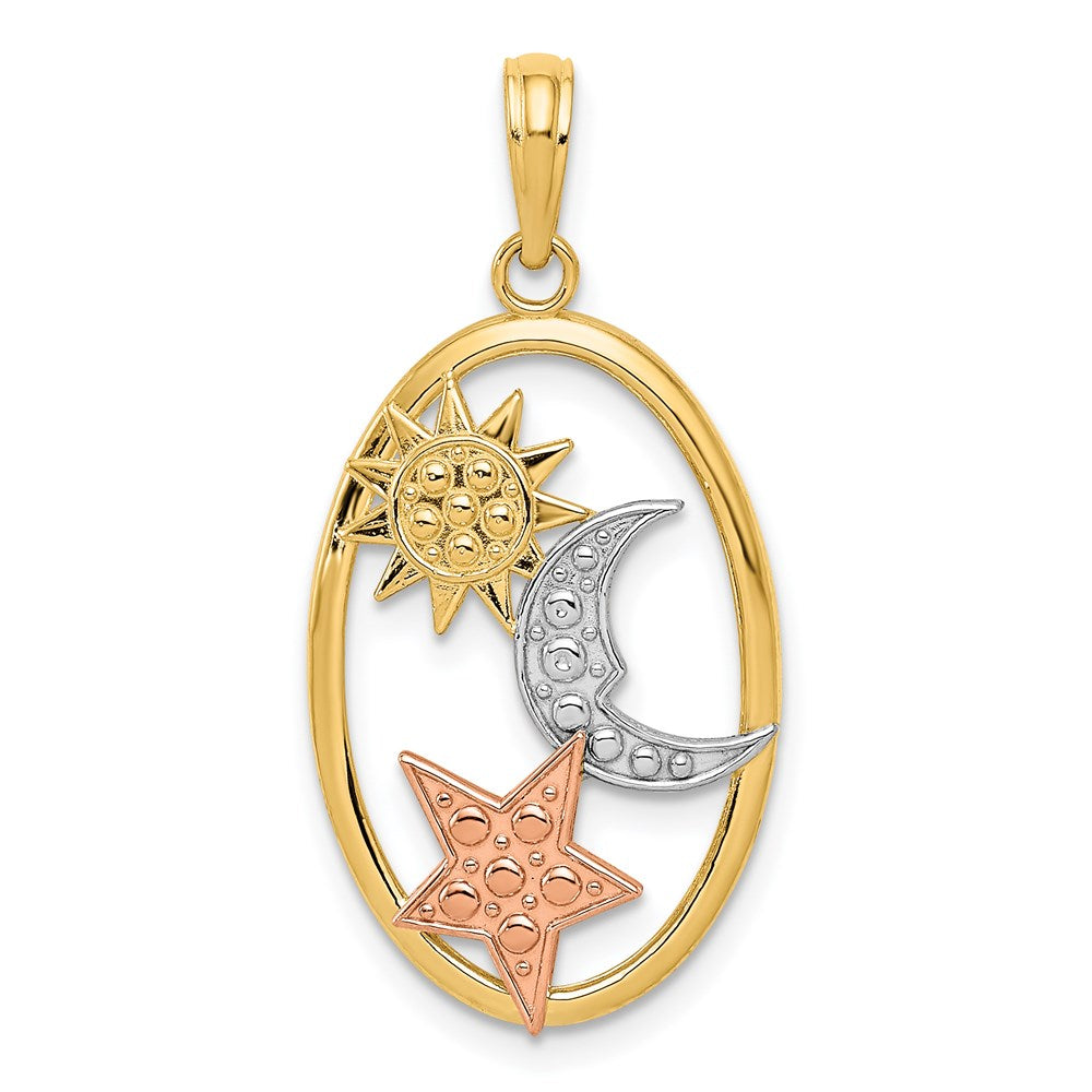 14K Bicolor-Gold mit Weißrhodium Sonne-Mond-und-Stern-Ovalanhänger
