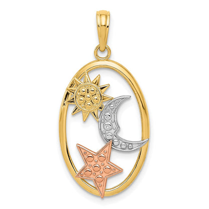 14K Bicolor-Gold mit Weißrhodium Sonne-Mond-und-Stern-Ovalanhänger
