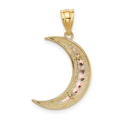 14K Bicolor-Gold (mit Weiß-Rhodinierung) Diamantgeschliffener Mond-Anhänger