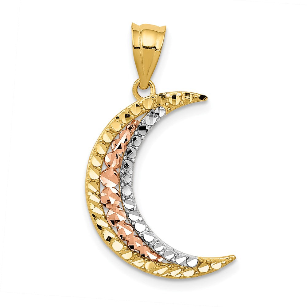 14K Bicolor-Gold (mit Weiß-Rhodinierung) Diamantgeschliffener Mond-Anhänger