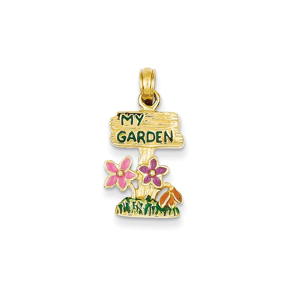 14K Gelbgold Anhänger „Mein Garten"-Schild emailliert mit Blumen