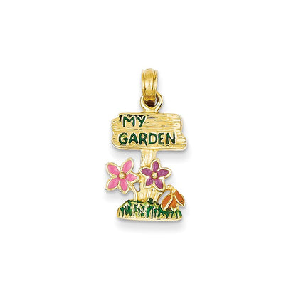 14K Gelbgold Anhänger „Mein Garten"-Schild emailliert mit Blumen