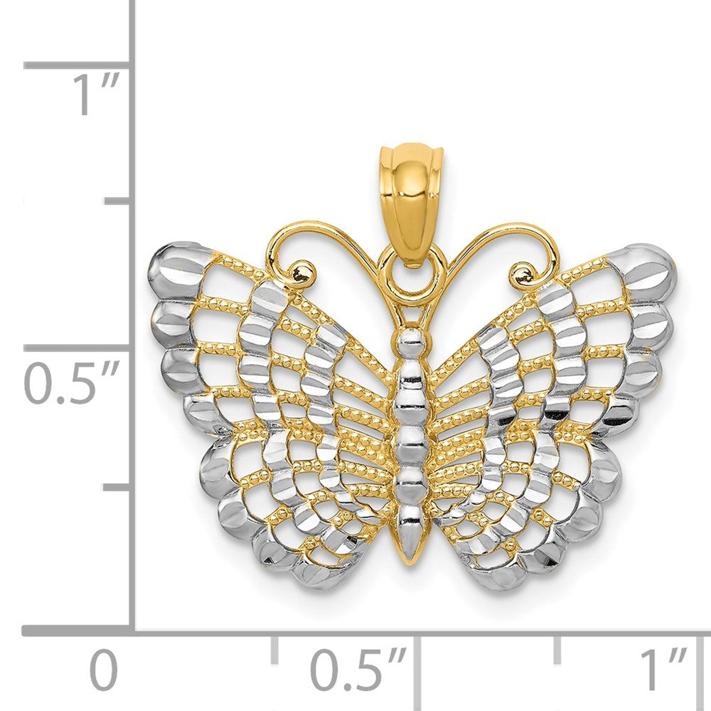 14K Gelbgold und Rhodium mit Rhodium-Beschichtung, Diamantschliff-Schmetterling-Anhänger