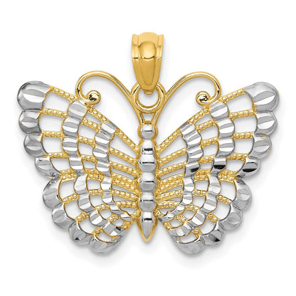 14K Gelbgold und Rhodium mit Rhodium-Beschichtung, Diamantschliff-Schmetterling-Anhänger