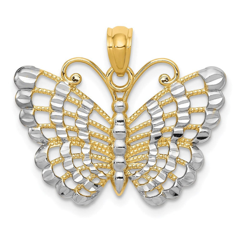 14K Gelbgold und Rhodium mit Rhodium-Beschichtung, Diamantschliff-Schmetterling-Anhänger