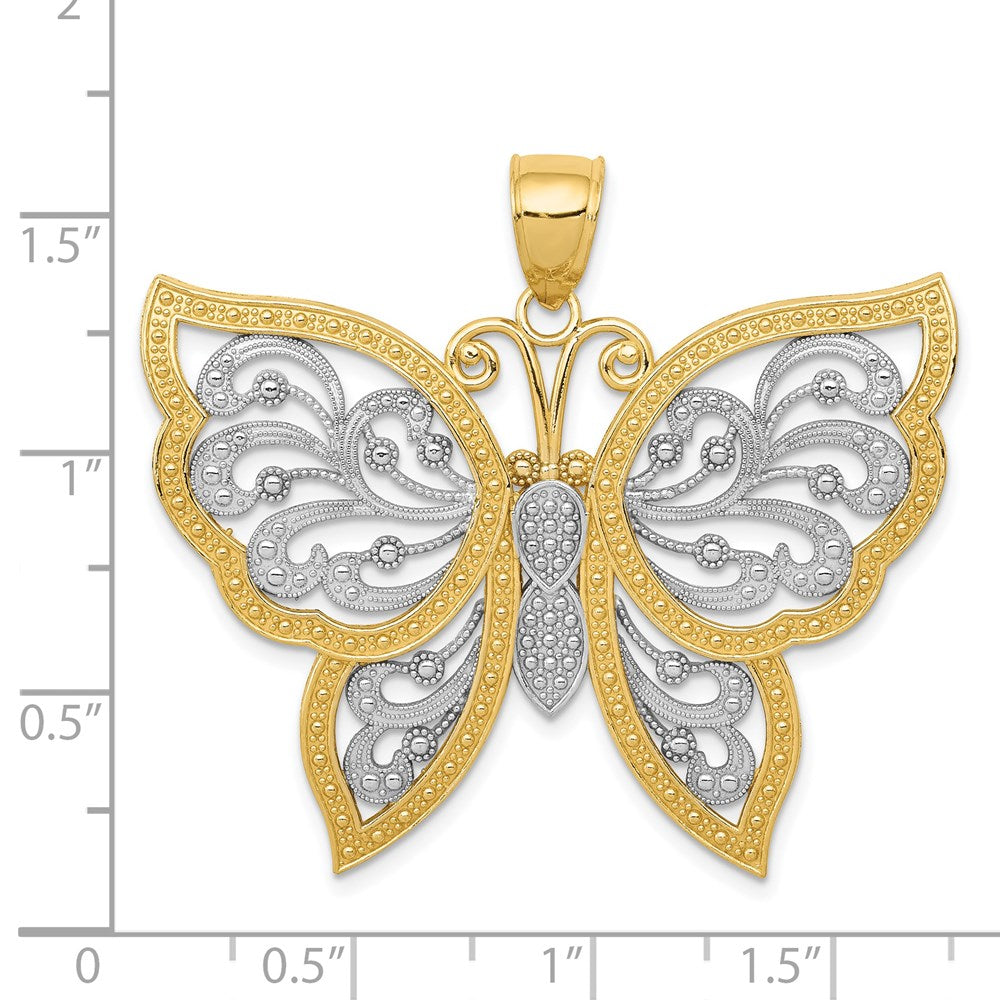 14K Gelbgold & Rhodium mit Rhodium, diamantgeschliffener Schmetterlings-Anhänger