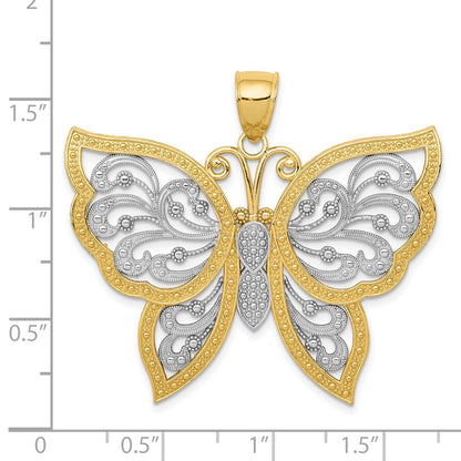 14K Gelbgold & Rhodium mit Rhodium, diamantgeschliffener Schmetterlings-Anhänger