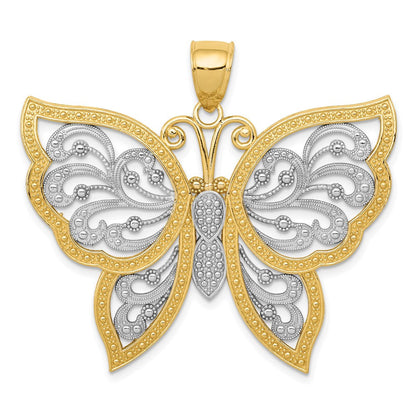14K Gelbgold & Rhodium mit Rhodium, diamantgeschliffener Schmetterlings-Anhänger