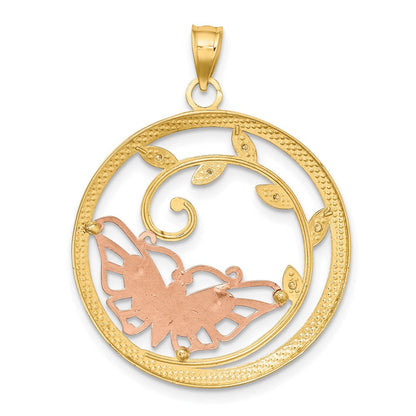 14K Bicolor-Gold (mit Weißrhodium) Schmetterling-im-Kreis-Anhänger