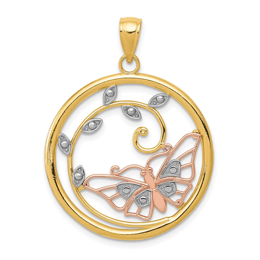 14K Bicolor-Gold (mit Weißrhodium) Schmetterling-im-Kreis-Anhänger