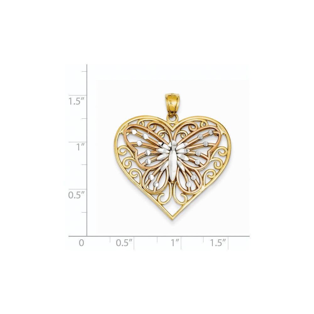 14K Gelbgold & Rhodiumgold Y/R Gold mit Rhodium, diamantgeschliffener Schmetterling auf Herz-Anhänger