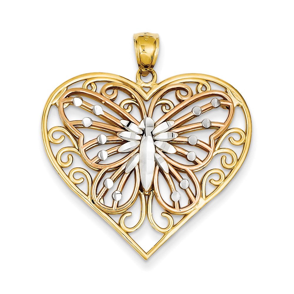 14K Gelbgold & Rhodiumgold Y/R Gold mit Rhodium, diamantgeschliffener Schmetterling auf Herz-Anhänger