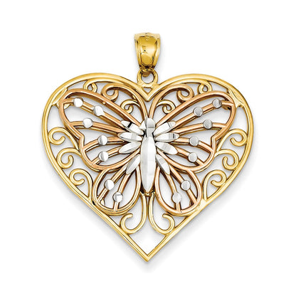 14K Gelbgold & Rhodiumgold Y/R Gold mit Rhodium, diamantgeschliffener Schmetterling auf Herz-Anhänger