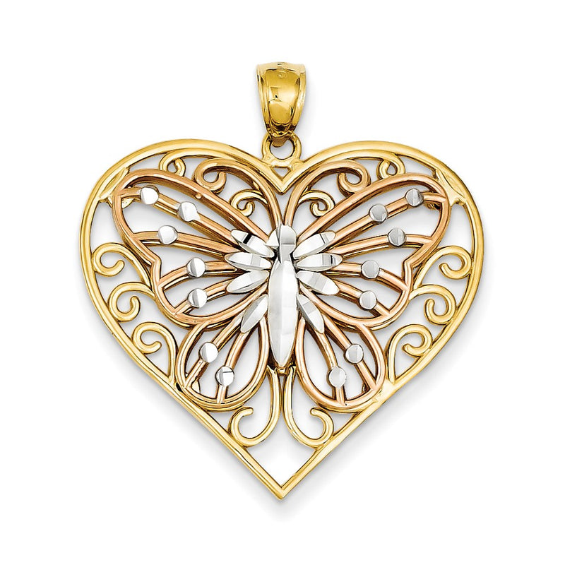14K Gelbgold & Rhodiumgold Y/R Gold mit Rhodium, diamantgeschliffener Schmetterling auf Herz-Anhänger
