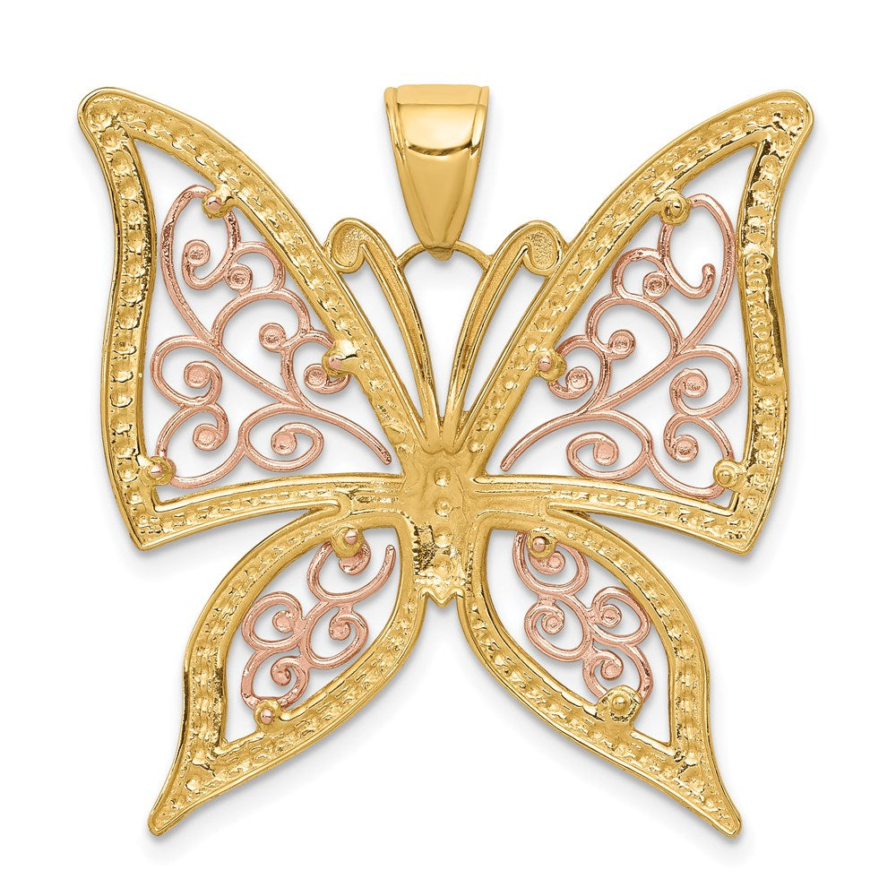 14K Bicolor-Gold mit Weißrhodium diamantgeschliffener Schmetterlings-Anhänger