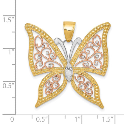 14K Bicolor-Gold mit Weißrhodium diamantgeschliffener Schmetterlings-Anhänger