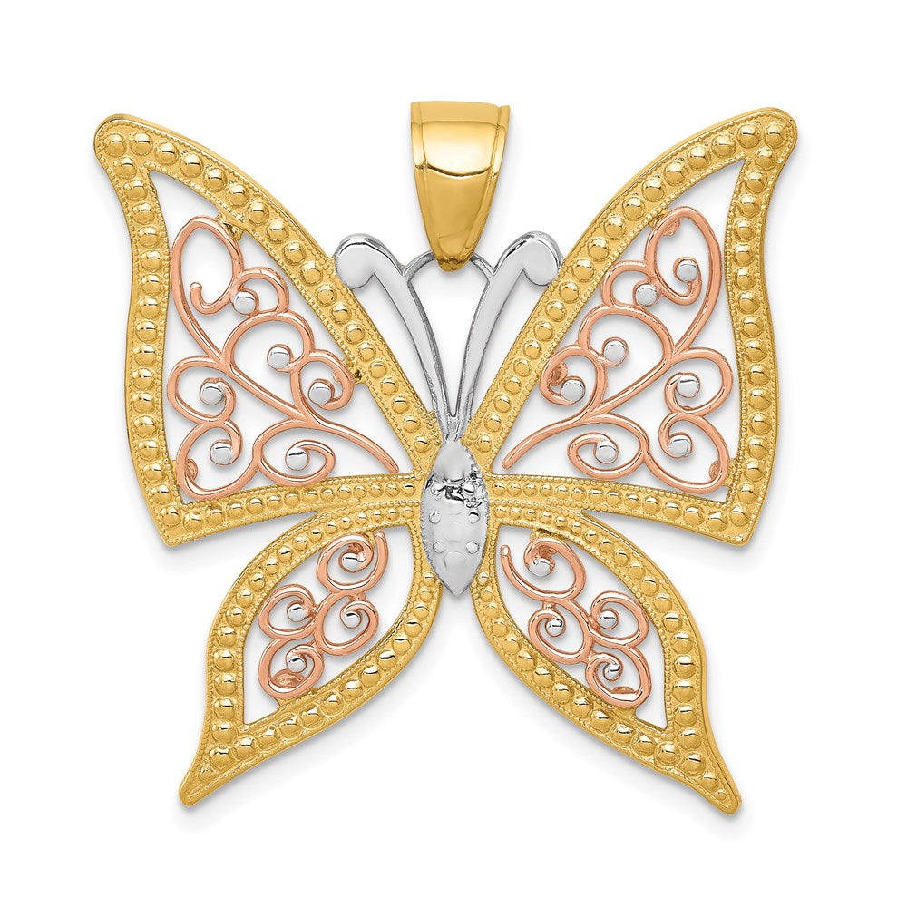14K Bicolor-Gold mit Weißrhodium diamantgeschliffener Schmetterlings-Anhänger