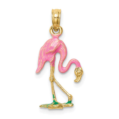 14K Gelbgold Emailliert Flamingo Anhänger