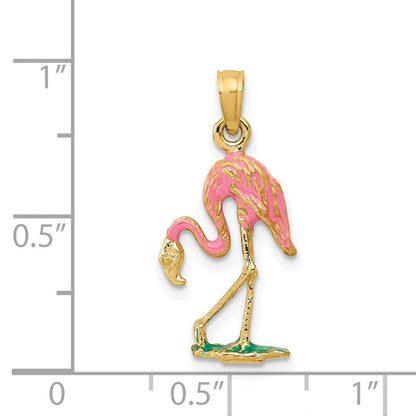 14K Gelbgold Emailliert Flamingo Anhänger