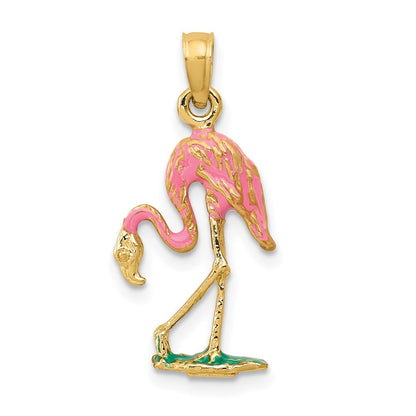 14K Gelbgold Emailliert Flamingo Anhänger