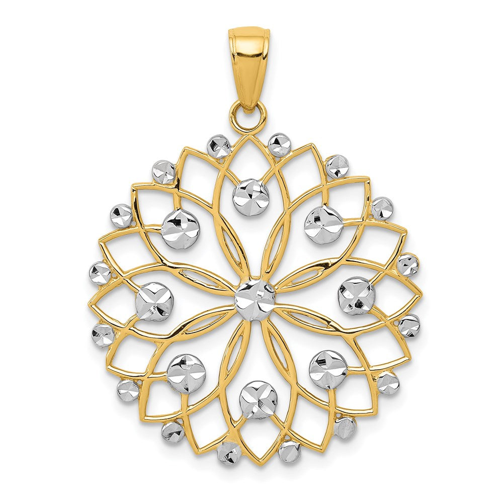 14 Karat Gelb- und Rhodiumgold sowie Weißrhodium Diamantgeschliffener Blumenanhänger
