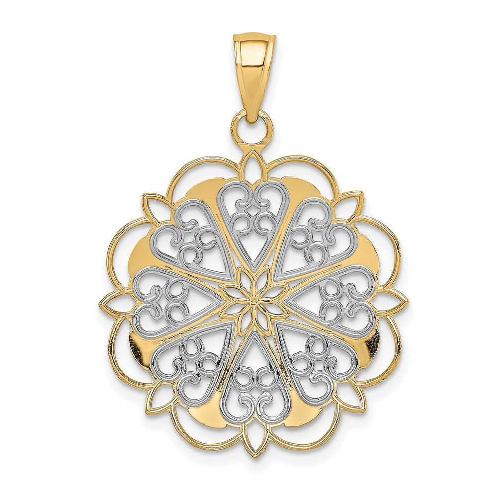 14K Gelb- und Rhodiumgold-Anhänger mit Rhodium-Filigran-Herzen und gewelltem Rand