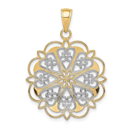 14K Gelb- und Rhodiumgold-Anhänger mit Rhodium-Filigran-Herzen und gewelltem Rand
