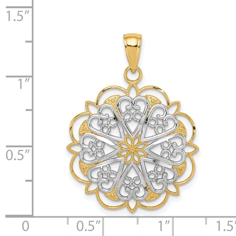 14K Gelb- und Rhodiumgold-Anhänger mit Rhodium-Filigran-Herzen und gewelltem Rand