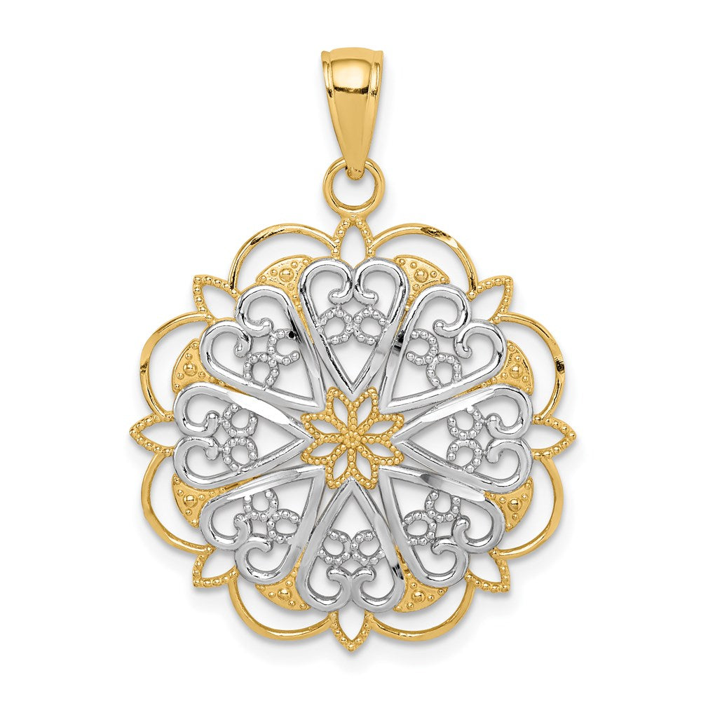 14K Gelb- und Rhodiumgold-Anhänger mit Rhodium-Filigran-Herzen und gewelltem Rand