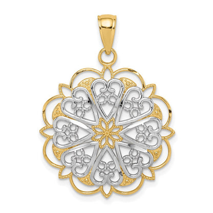 14K Gelb- und Rhodiumgold-Anhänger mit Rhodium-Filigran-Herzen und gewelltem Rand
